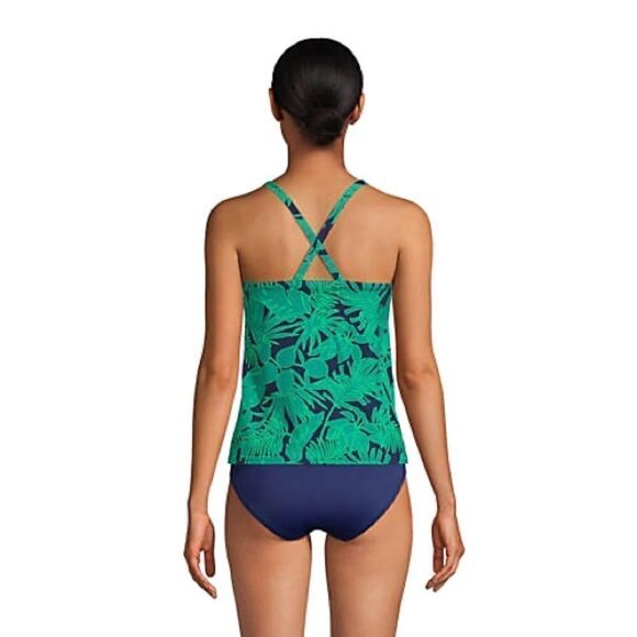 Land’s End square neck tankini top X Back top emerald green navy palm print Var - Picture 3 of 5